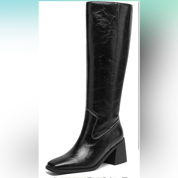 Women's Size 7 Black Knee High Heeled Boots Block Heels Side Zipper Square Toe - Picture 1 of 16